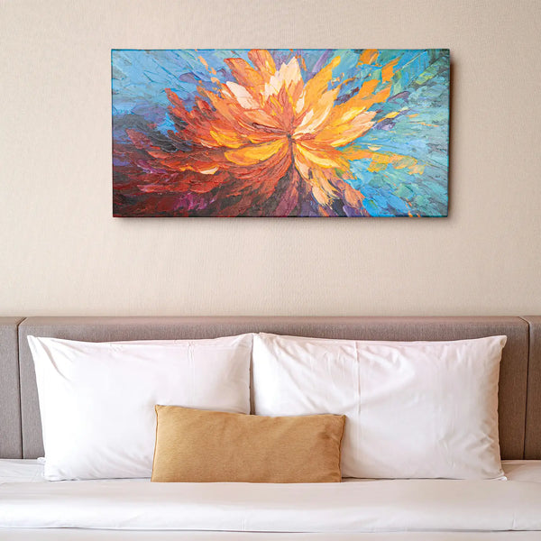 Leinwandbild handgemalt Gemälde mit Acrylfarbe und Strukturpaste im Panorama, Balance im Chaos, 100x50 mit Bilderrahmen in Eiche Hell