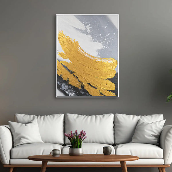 Leinwandbild handgemalt mit Acrylfarbe und Strukturpaste im Hochformat, Goldene Reflexionen, 90x120 mit Bilderrahmen in Schwarz