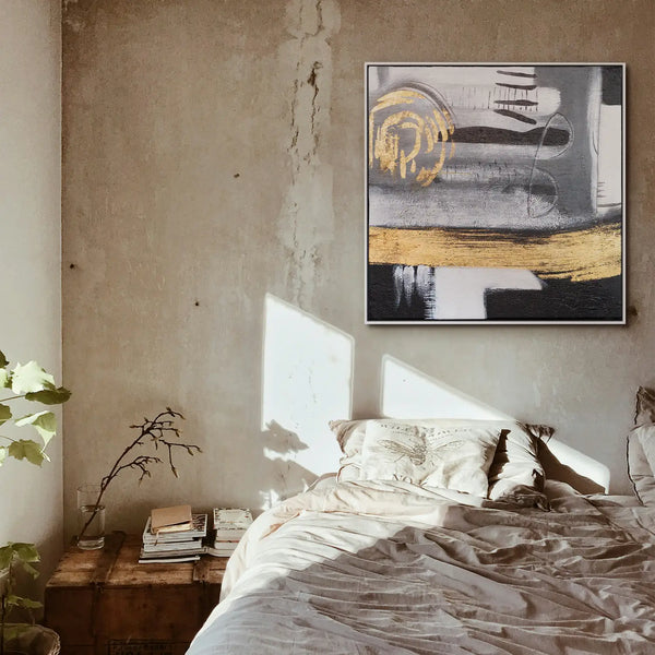 Leinwandbild handgemalt mit Acrylfarbe und Strukturpaste im Quadratisch, Goldenes Jetzt, 100x100 mit Bilderrahmen in Schwarz