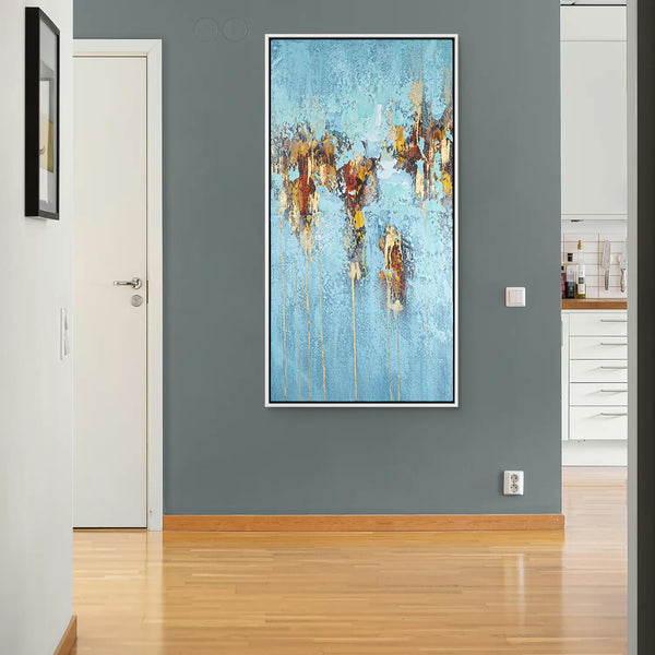 Leinwandbild handgemalt Gemälde mit Acrylfarbe und Strukturpaste im Hochformat, Zeitlose Seele, 70x140 mit Bilderrahmen in Schwarz