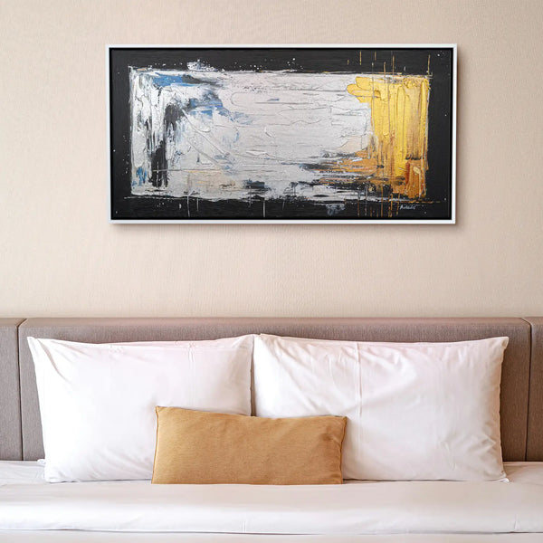 Leinwandbild handgemalt Gemälde mit Acrylfarbe und Strukturpaste im Panorama, Verschmelzen der Elemente, 140x70 mit Bilderrahmen in Schwarz