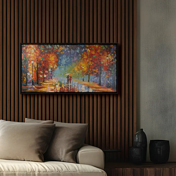 Leinwandbild handgemalt mit Acrylfarbe und Strukturpaste im Panorama, Der Weg des Lichts, 100x200 mit Bilderrahmen in Weiß