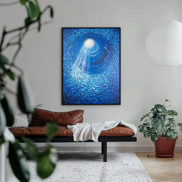 Leinwandbild handgemalt mit Acrylfarbe und Strukturpaste im Hochformat, Tiefen der Stille, 150x200 mit Bilderrahmen in Weiß