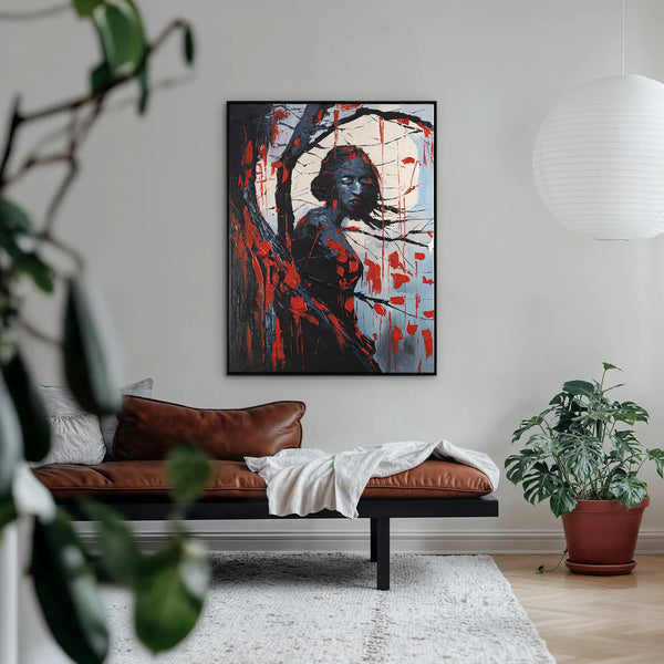 Leinwandbild handgemalt mit Acrylfarbe und Strukturpaste im Hochformat, Schwarze Phytomorphe, 150x200 mit Bilderrahmen in Weiß