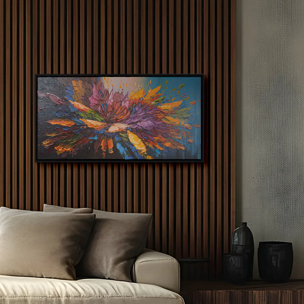 Leinwandbild handgemalt Gemälde mit Acrylfarbe und Strukturpaste im Panorama, Tanz der Farben, 200x100 mit Bilderrahmen in Weiß