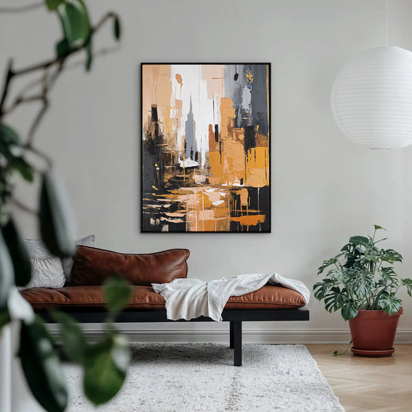 Leinwandbild handgemalt mit Acrylfarbe und Strukturpaste im Hochformat, Skyscraper, 150x200 mit Bilderrahmen in Weiß