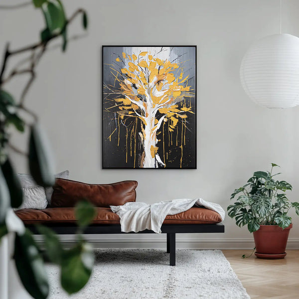 Leinwandbild handgemalt mit Acrylfarbe und Strukturpaste im Hochformat, Golden Leaves, 150x200 mit Bilderrahmen in Weiß