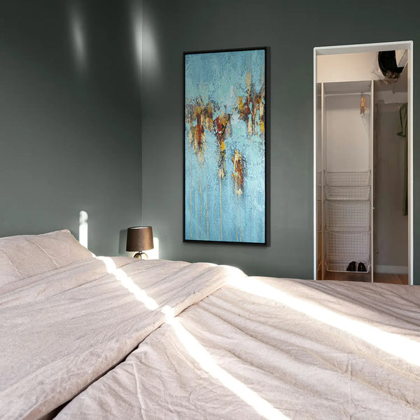 Leinwandbild handgemalt Gemälde mit Acrylfarbe und Strukturpaste im Hochformat, Zeitlose Seele, 100x200 mit Bilderrahmen in Weiß