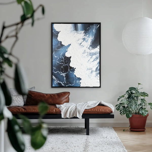 Leinwandbild handgemalt mit Acrylfarbe und Strukturpaste im Hochformat, Wellen des Seins, 150x200 mit Bilderrahmen in Weiß