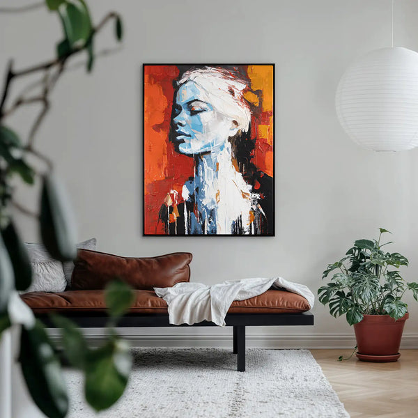 Leinwandbild handgemalt mit Acrylfarbe und Strukturpaste im Hochformat, Atalante, 150x200 mit Bilderrahmen in Weiß