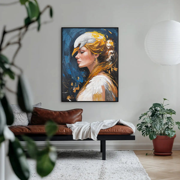 Leinwandbild handgemalt mit Acrylfarbe und Strukturpaste im Hochformat, Schwanenkoenigin, 150x200 mit Bilderrahmen in Weiß