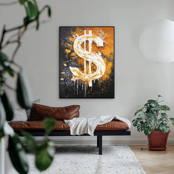 Leinwandbild handgemalt mit Acrylfarbe und Strukturpaste im Hochformat, Dollar, 150x200 mit Bilderrahmen in Weiß