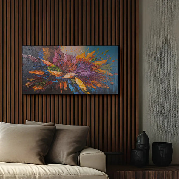 Leinwandbild handgemalt Gemälde mit Acrylfarbe und Strukturpaste im Panorama, Tanz der Farben, 120x60 ohne Rahmen