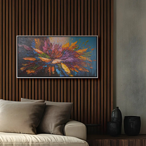 Leinwandbild handgemalt Gemälde mit Acrylfarbe und Strukturpaste im Panorama, Tanz der Farben, 140x70 mit Bilderrahmen in Eiche Dunkel