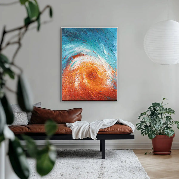 Leinwandbild handgemalt mit Acrylfarbe und Strukturpaste im Hochformat, Im Wirbel der Zeit, 90x120 mit Bilderrahmen in Eiche Dunkel