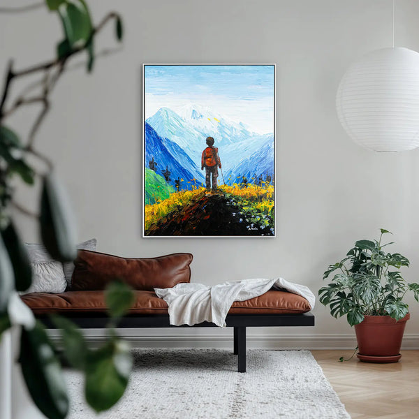 Leinwandbild handgemalt mit Acrylfarbe und Strukturpaste im Hochformat, Die Reise, 90x120 mit Bilderrahmen in Eiche Dunkel