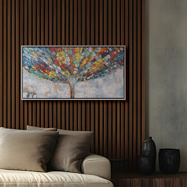 Leinwandbild handgemalt mit Acrylfarbe und Strukturpaste im Panorama, Klang der Stille, 70x140 mit Bilderrahmen in Eiche Dunkel