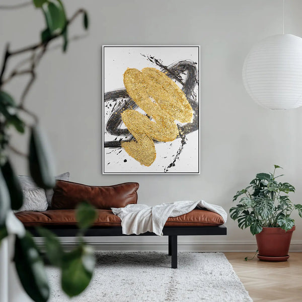 Leinwandbild handgemalt mit Acrylfarbe und Strukturpaste im Hochformat, Harmonie des Unbekannten, 90x120 mit Bilderrahmen in Eiche Dunkel