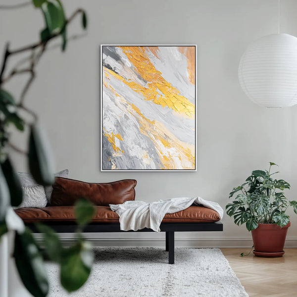 Leinwandbild handgemalt mit Acrylfarbe und Strukturpaste, Atem der Erde, 90x120 mit Bilderrahmen in Eiche Dunkel