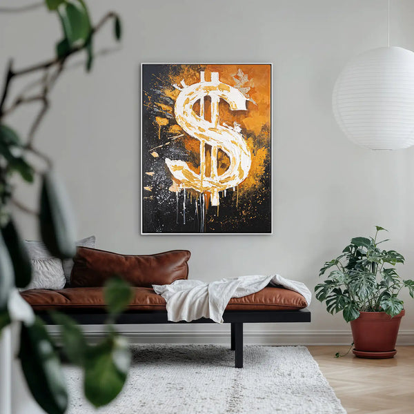 Leinwandbild handgemalt mit Acrylfarbe und Strukturpaste im Hochformat, Dollar, 90x120 mit Bilderrahmen in Eiche Dunkel