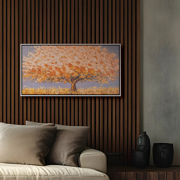 Leinwandbild handgemalt mit Acrylfarbe und Strukturpaste im Panorama, Dualitaet der Natur, 70x140 mit Bilderrahmen in Eiche Dunkel