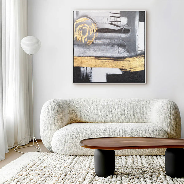 Leinwandbild handgemalt mit Acrylfarbe und Strukturpaste im Quadratisch, Goldenes Jetzt, 100x100 mit Bilderrahmen in Eiche Dunkel