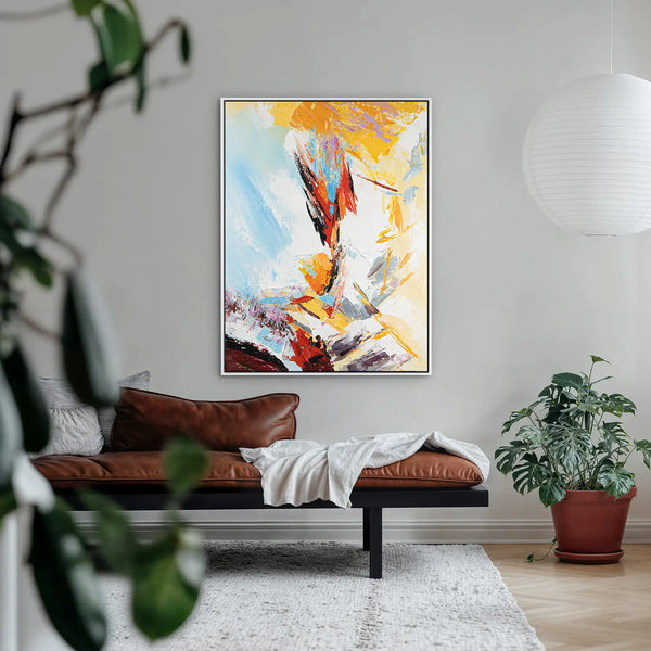 Leinwandbild handgemalt mit Acrylfarbe und Strukturpaste im Hochformat, Versteckte Dimension, 90x120 mit Bilderrahmen in Eiche Dunkel