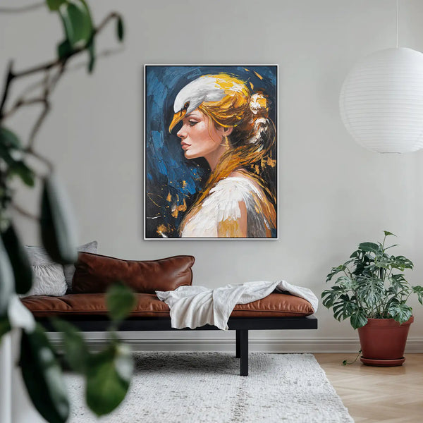 Leinwandbild handgemalt mit Acrylfarbe und Strukturpaste im Hochformat, Schwanenkoenigin, 90x120 mit Bilderrahmen in Eiche Dunkel