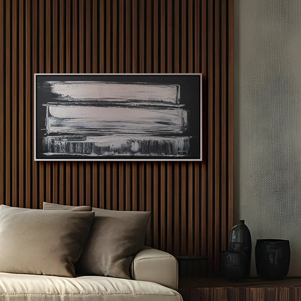 Leinwandbild handgemalt Gemälde mit Acrylfarbe und Strukturpaste im Panorama, Klang des Metalls, 140x70 mit Bilderrahmen in Eiche Dunkel