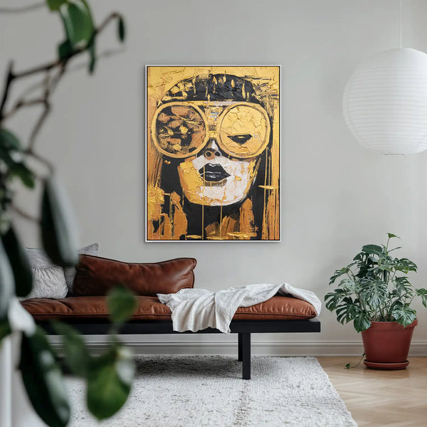 Leinwandbild handgemalt mit Acrylfarbe und Strukturpaste im Hochformat, Die Zukunft traegt Gold, 90x120 mit Bilderrahmen in Eiche Dunkel