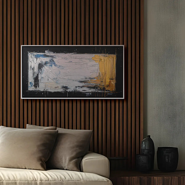 Leinwandbild handgemalt Gemälde mit Acrylfarbe und Strukturpaste im Panorama, Verschmelzen der Elemente, 140x70 mit Bilderrahmen in Eiche Dunkel