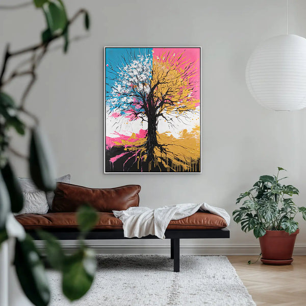 Leinwandbild handgemalt mit Acrylfarbe und Strukturpaste im Hochformat, Chromatischer Wipfel, 90x120 mit Bilderrahmen in Eiche Dunkel