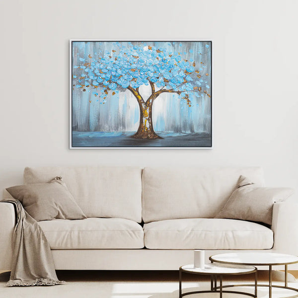 Leinwandbild handgemalt mit Acrylfarbe und Strukturpaste, Baum der Ewigkeit, 90x120 mit Bilderrahmen in Eiche Dunkel