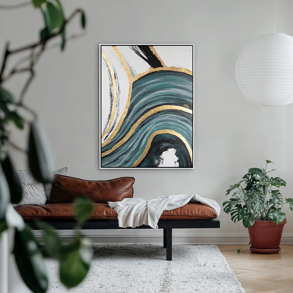 Leinwandbild handgemalt mit Acrylfarbe und Strukturpaste im Hochformat, Schleier der Wahrheit, 90x120 mit Bilderrahmen in Eiche Dunkel