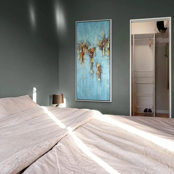 Leinwandbild handgemalt Gemälde mit Acrylfarbe und Strukturpaste im Hochformat, Zeitlose Seele, 70x140 mit Bilderrahmen in Eiche Dunkel