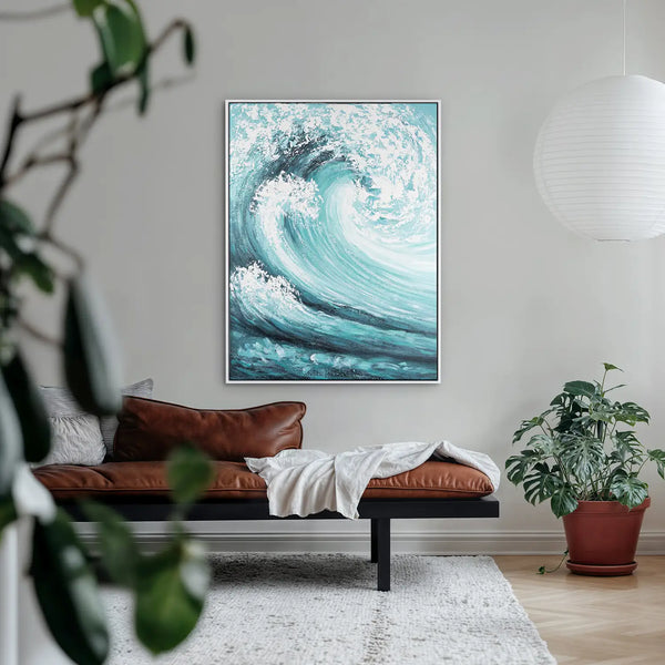 Leinwandbild handgemalt mit Acrylfarbe und Strukturpaste im Hochformat, Das unendliche Spiel, 90x120 mit Bilderrahmen in Eiche Dunkel