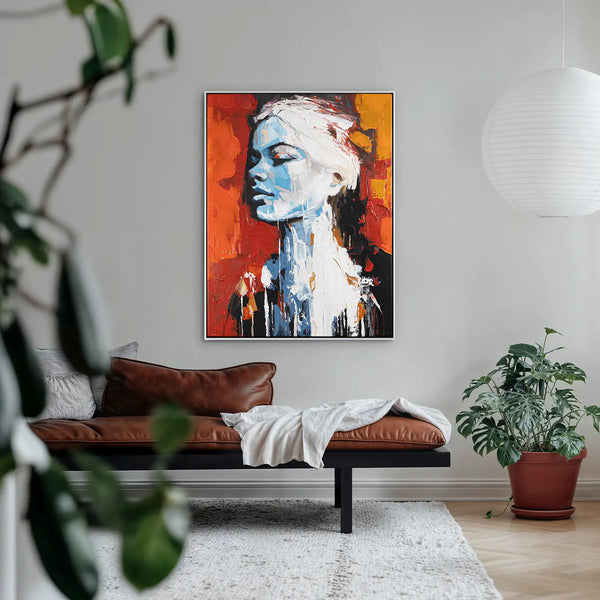 Leinwandbild handgemalt mit Acrylfarbe und Strukturpaste im Hochformat, Atalante, 90x120 mit Bilderrahmen in Eiche Dunkel