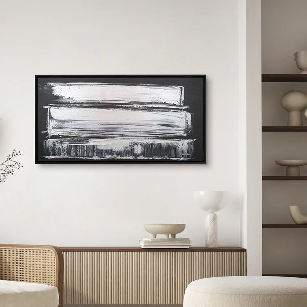 Leinwandbild handgemalt Gemälde mit Acrylfarbe und Strukturpaste im Panorama, Klang des Metalls, 200x100 mit Bilderrahmen in Schwarz