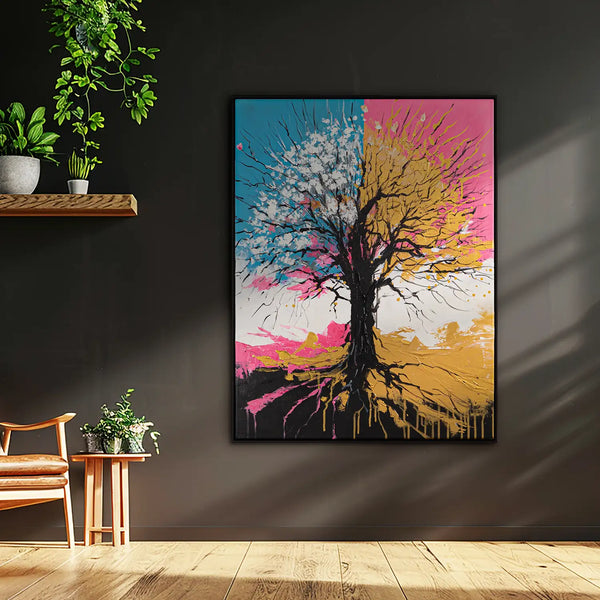 Leinwandbild handgemalt mit Acrylfarbe und Strukturpaste im Hochformat, Chromatischer Wipfel, 150x200 mit Bilderrahmen in Schwarz