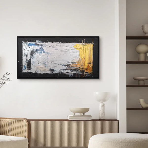 Leinwandbild handgemalt Gemälde mit Acrylfarbe und Strukturpaste im Panorama, Verschmelzen der Elemente, 200x100 mit Bilderrahmen in Schwarz