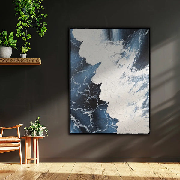 Leinwandbild handgemalt mit Acrylfarbe und Strukturpaste im Hochformat, Wellen des Seins, 150x200 mit Bilderrahmen in Schwarz