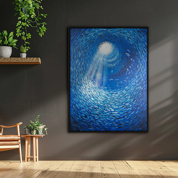 Leinwandbild handgemalt mit Acrylfarbe und Strukturpaste im Hochformat, Tiefen der Stille, 150x200 mit Bilderrahmen in Schwarz