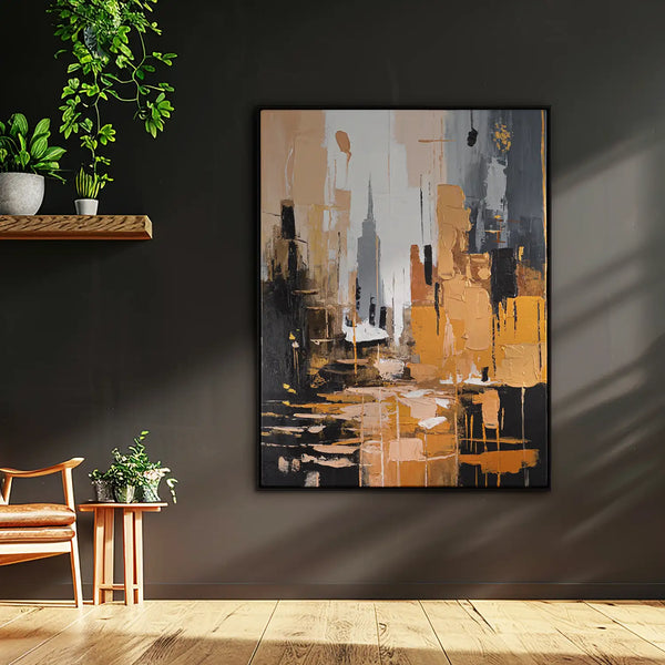 Leinwandbild handgemalt mit Acrylfarbe und Strukturpaste im Hochformat, Skyscraper, 150x200 mit Bilderrahmen in Schwarz