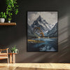 Leinwandbild handgemalt mit Acrylfarbe und Strukturpaste im Hochformat, Zwischen Berg und See, 150x200 mit Bilderrahmen in Schwarz