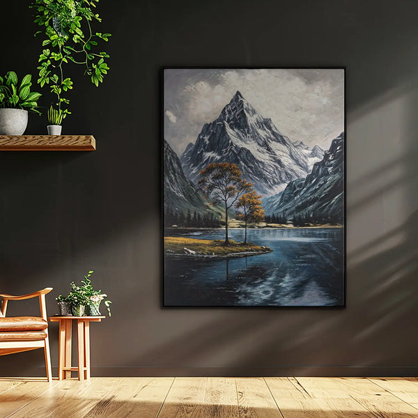 Leinwandbild handgemalt mit Acrylfarbe und Strukturpaste im Hochformat, Zwischen Berg und See, 150x200 mit Bilderrahmen in Schwarz