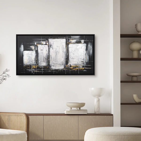 Leinwandbild handgemalt Gemälde mit Acrylfarbe und Strukturpaste im Panorama, Dunkle Eleganz, 200x100 mit Bilderrahmen in Schwarz