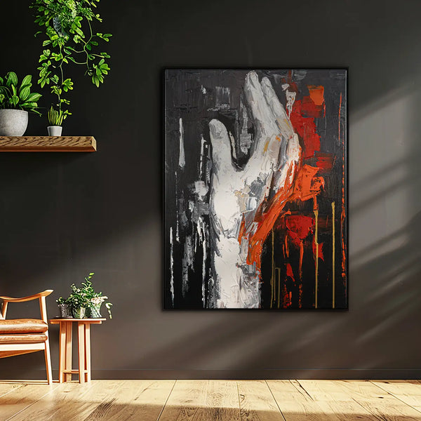 Leinwandbild handgemalt mit Acrylfarbe und Strukturpaste im Hochformat, Flamme des Willens, 150x200 mit Bilderrahmen in Schwarz