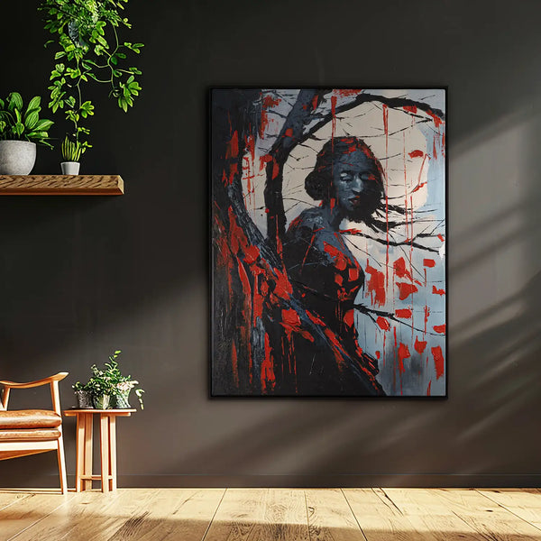 Leinwandbild handgemalt mit Acrylfarbe und Strukturpaste im Hochformat, Schwarze Phytomorphe, 150x200 mit Bilderrahmen in Schwarz