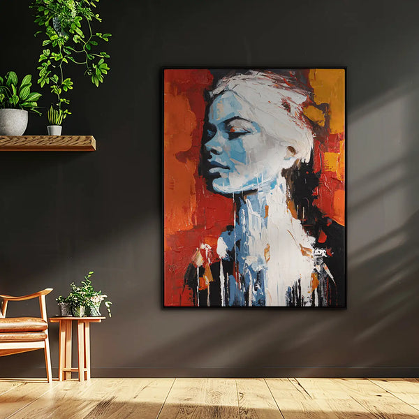 Leinwandbild handgemalt mit Acrylfarbe und Strukturpaste im Hochformat, Atalante, 150x200 mit Bilderrahmen in Schwarz