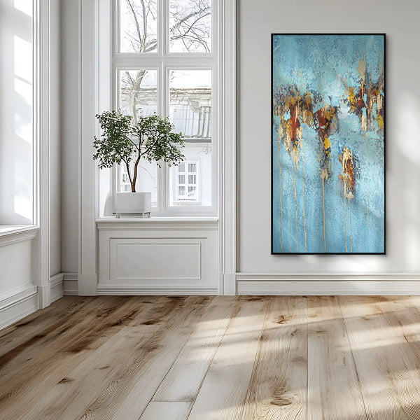 Leinwandbild handgemalt Gemälde mit Acrylfarbe und Strukturpaste im Hochformat, Zeitlose Seele, 100x200 mit Bilderrahmen in Schwarz